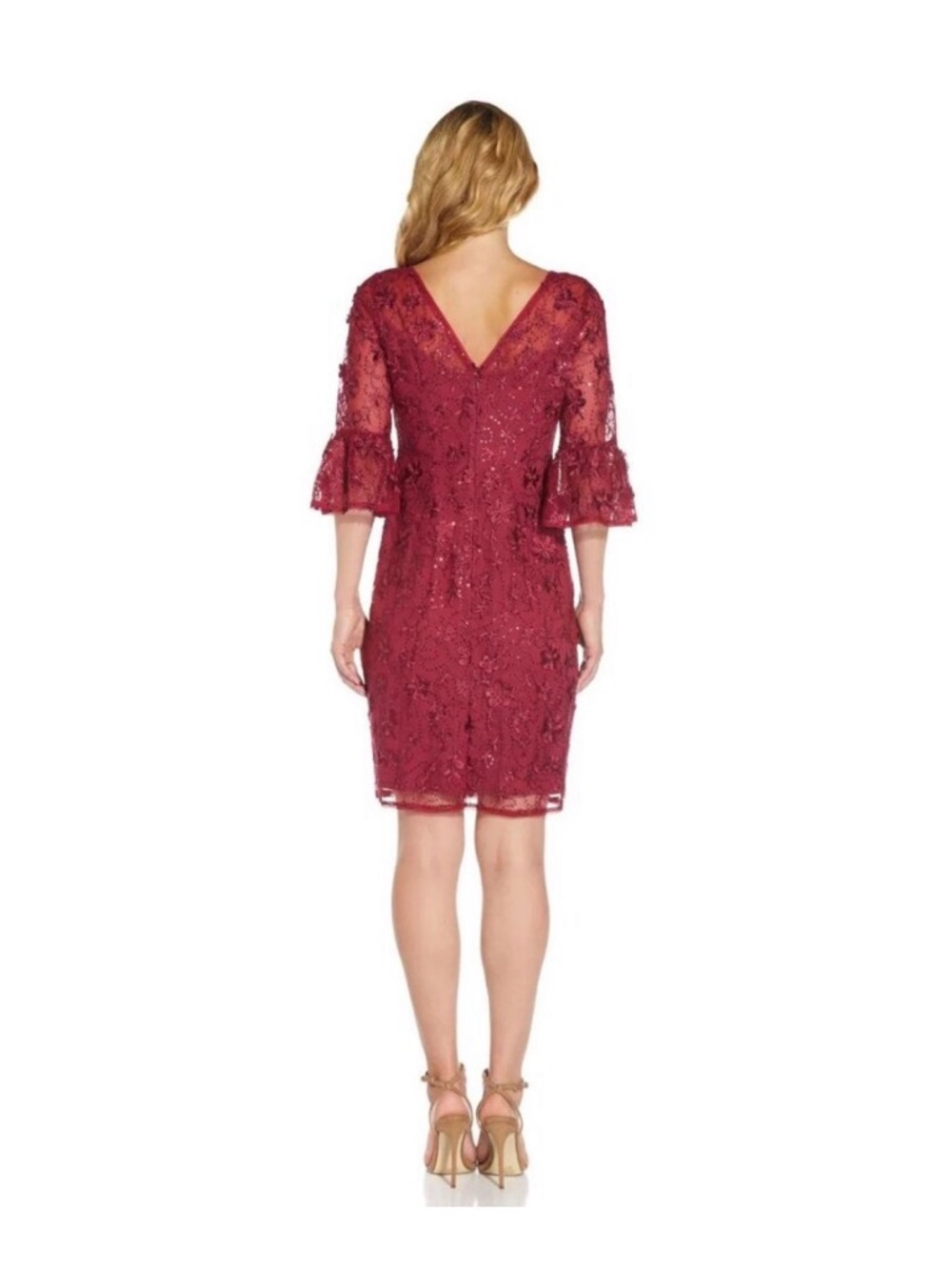 Adrianna Papell Floral Sequin Embroidered Lace Cocktail Dress 2 Pink Bell Sleeve - Picture 3 of 14